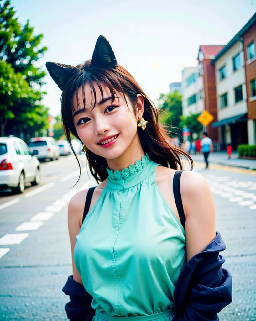 a woman posing on the street corner with green dress on, best quality, high res, 8k, 1girl, (huge breasts), day, bright, outdoor, (street:0.8), (people, crowds:1), (lace-trimmed dress:1.5, green clothes:1.5, green high-neck dress:1.5, sleeveless dress, green: 1.5), gorgeous, forehead, animal ears, beautiful detailed sky, beautiful earrings, (dynamic pose:0.8), (upper body:1.2), soft lighting, wind, shiny skin, looking at viewer, smile,(open mouth), <lora:satomi_v2.0:0.65>
Negative prompt: paintings, sketches, (worst quality:2), (low quality:2), (normal quality:2), lowres, normal quality, (grayscale), (skin spots:2), acnes, skin blemishes, (age spot:2), bad anatomy, bad_prompt_version2, easynegative, (cars)
Steps: 20, CFG scale: 7, Sampler: DPM++ 2M Karras, Seed: 454475370, Size: 512x640, Model: henmixReal_v23, Model hash: 458ebdd3ea, Hires steps: 20, Hires upscale: 2.1, Hires upscaler: Latent (bicubic antialiased), Denoising strength: 0.55, Clip skip: 2