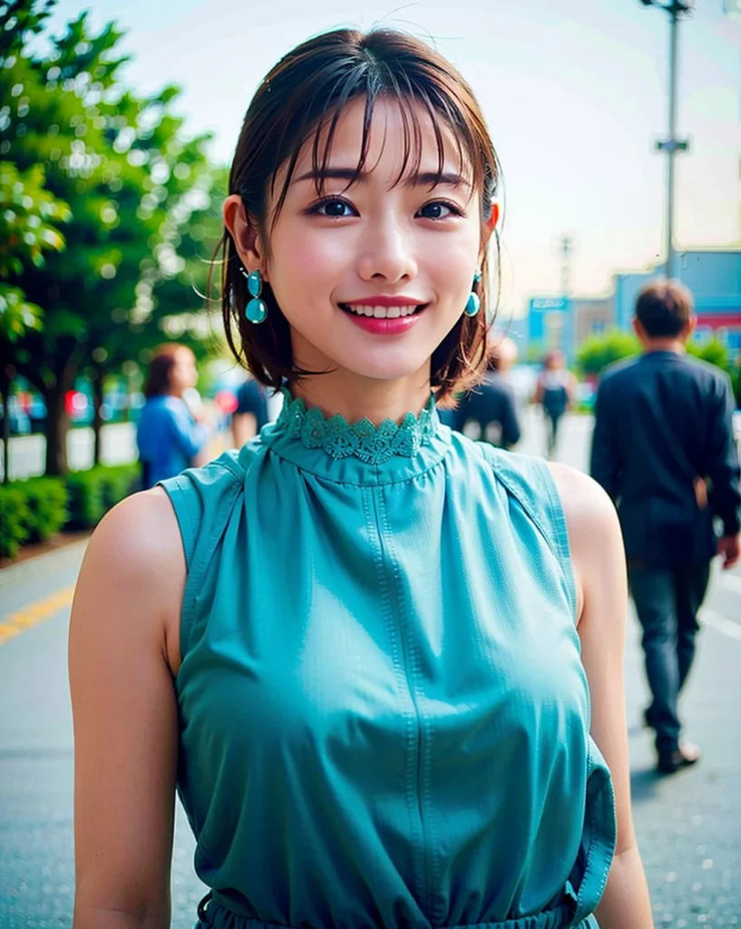 a woman posing on the street corner with green dress on, best quality, high res, 8k, 1girl, (huge breasts), day, bright, outdoor, (street:0.8), (people, crowds:1), (lace-trimmed dress:1.5, green clothes:1.5, green high-neck dress:1.5, sleeveless dress, green: 1.5), gorgeous, (bangs:1.5,short hair), beautiful detailed sky, beautiful earrings, (dynamic pose:0.8), (upper body:1.2), soft lighting, wind, shiny skin, looking at viewer, smile,(open mouth), <lora:satomi_v2.0:0.65>
Negative prompt: paintings, sketches, (worst quality:2), (low quality:2), (normal quality:2), lowres, normal quality, (grayscale), (skin spots:2), acnes, skin blemishes, (age spot:2), bad anatomy, bad_prompt_version2, easynegative, (cars)
Steps: 20, CFG scale: 7, Sampler: DPM++ 2M Karras, Seed: 454475376, Size: 512x640, Model: henmixReal_v23, Model hash: 458ebdd3ea, Hires steps: 20, Hires upscale: 2.1, Hires upscaler: Latent (bicubic antialiased), Denoising strength: 0.55, Clip skip: 2